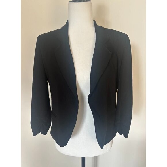 JOSEPH RIBKOFF Short Jacket Blazer Size 8 Black Open Cover Up Ruched 3/4 Sleeves - Picture 2 of 9